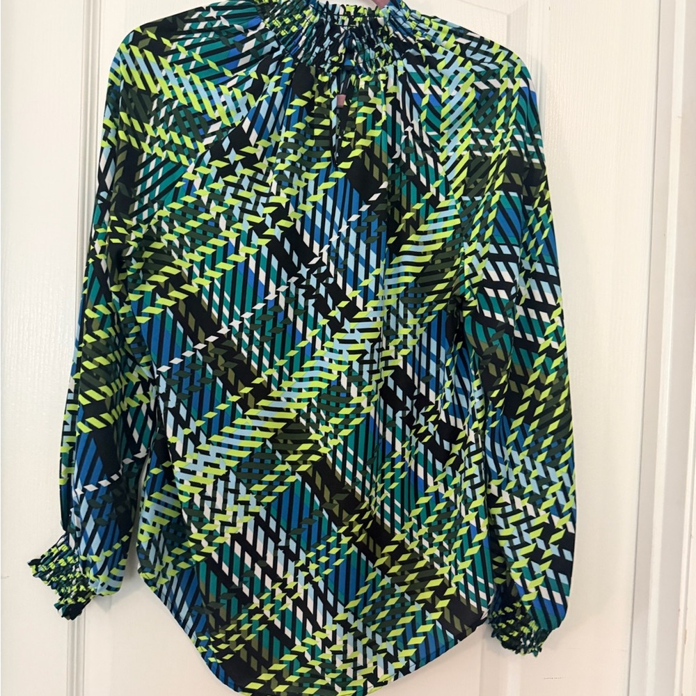 New York & Company Blue Green Patterned Blouse